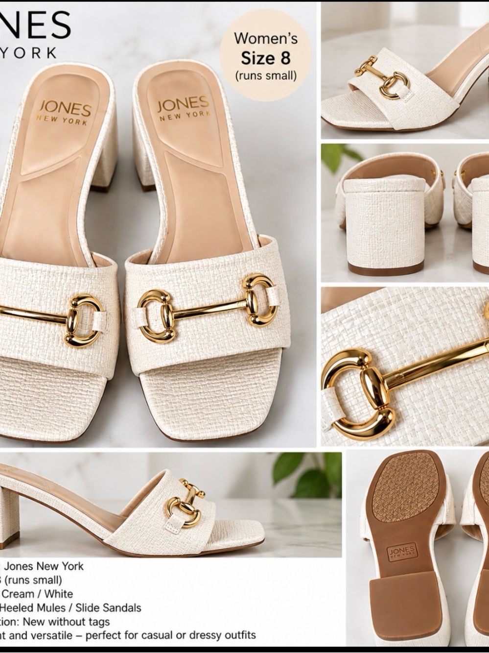 Jones New York Cream Textured Heeled Slide Mules with Gold Hardware
